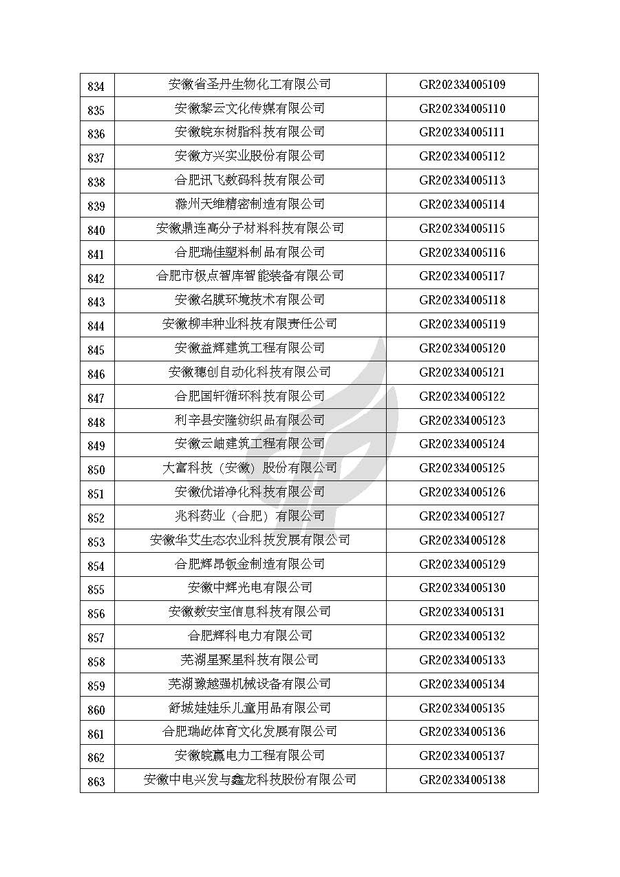 安徽省認定機構2023年認定報備的第二批高新技術(shù)企業(yè)進(jìn)行備案的公告